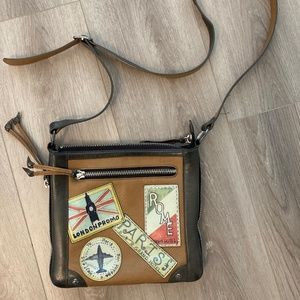Brighton Brown and Black Crossbody Bag with Travel Patches
